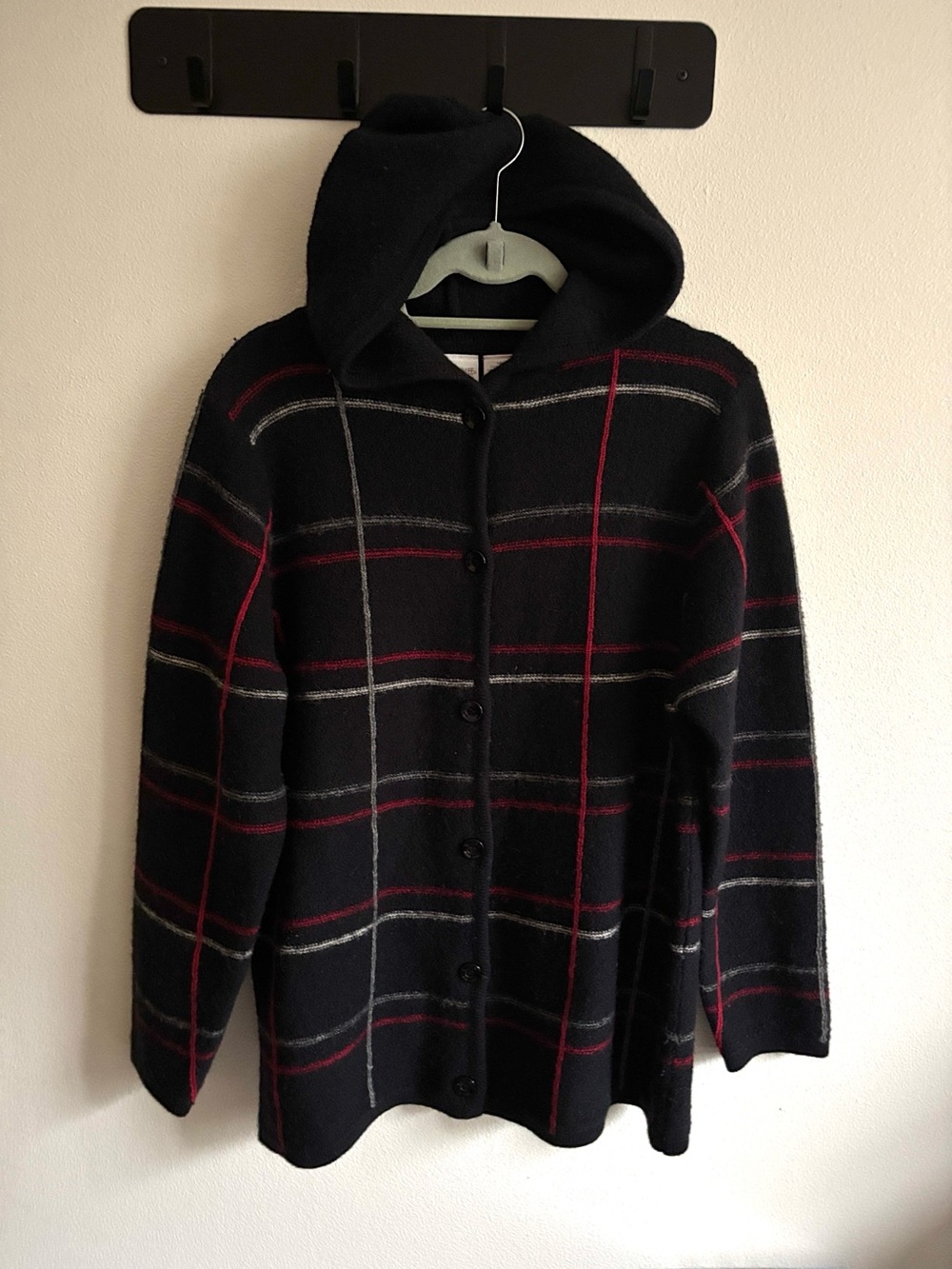 Vintage 90's Cherokee Women M 100% Wool Plaid Black/Red Hood Cabincore Jacket